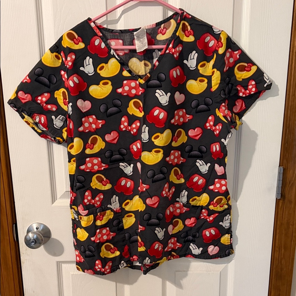 Disney Black Minnie Mouse Print Scrub Top with Red, Yellow & Pink Accents